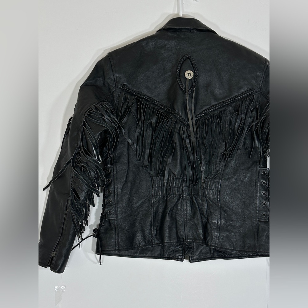 Fringed Black Leather Motorcycle Jacket Vintage Biker Women Medium 1990s Western - Picture 3 of 15